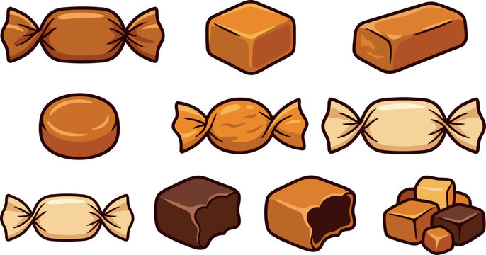 Caramel and Toffee Candy Vector Illustration Collection with Wrapped Sweets Chocolate Fudge Cubes and Bitten Hard Candies for Confectionery Branding and Dessert Menus