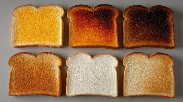 Six slices toasted white bread two by three grid light grey background, showing different toasting levels from light golden to dark brown almost charred,