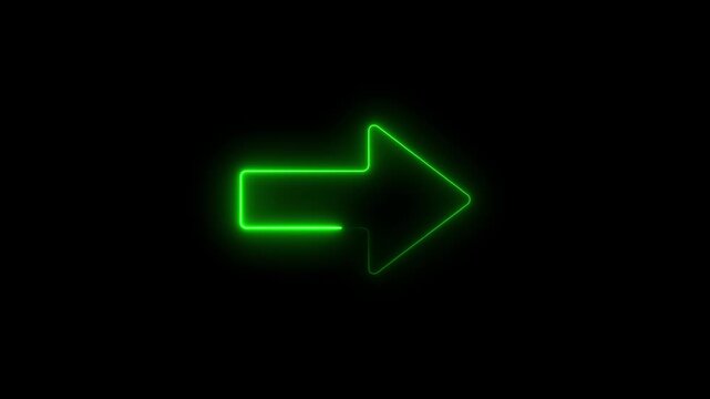 Glowing green neon arrow pointing right on black background abstract digital animation directional indicator forward movement