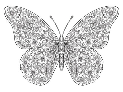 Intricate butterfly coloring page with floral zentangle patterns and botanical wings