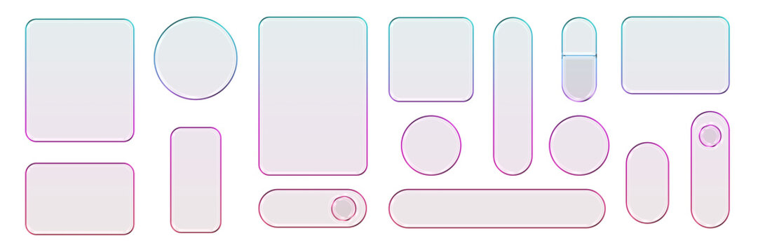 Transparent glass elements with liquid morphism effect for ui design and modern interfaces. Rounded rectangles, circles and buttons with frosted blur overlay Glassmorphism components for web or app