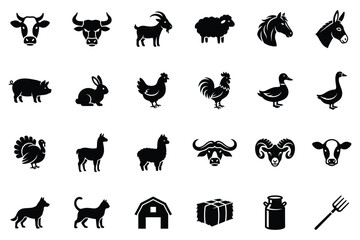 Fototapeta premium Black silhouette icons representing various farm animals and agricultural elements