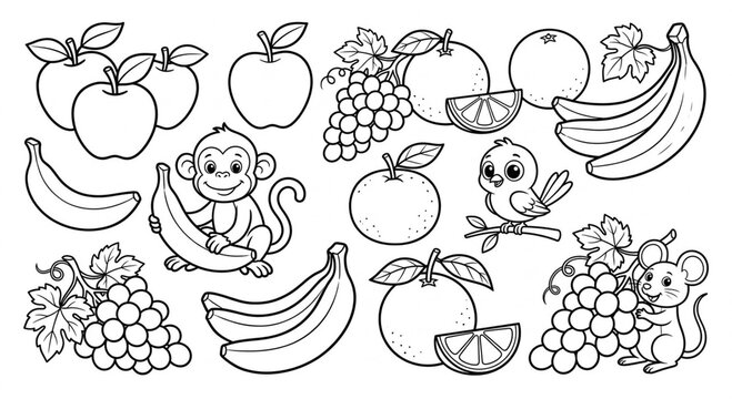 Cute fruit and animal coloring page with apples, bananas, grapes, monkey, bird and mouse