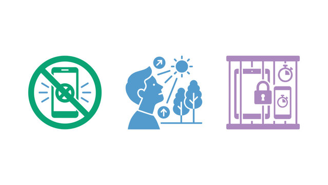 Digital detox and screen-time management vector icon set featuring smartphone prohibitions, connecting with nature, and device time-boxes in a solid flat style.