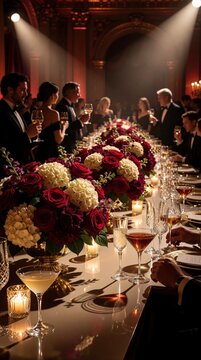 Elegant people attend luxury gala dinner in grand banquet hall. Guests in formal black tie attire enjoy cocktails, fine dining at long table with large red, white floral centerpieces. Sophisticated