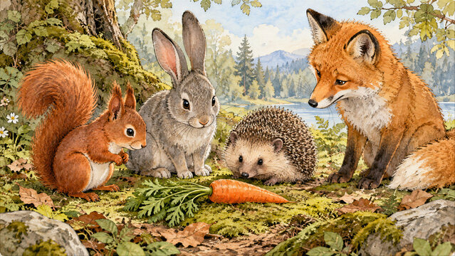 Watercolor illustration of cute woodland animals including fox - rabbit - hedgehog - and squirrel gathered around a fresh carrot in an enchanted forest clearing