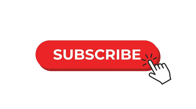 Red subscribe button vector graphic illustration with hand cursor pointer clicking on white background