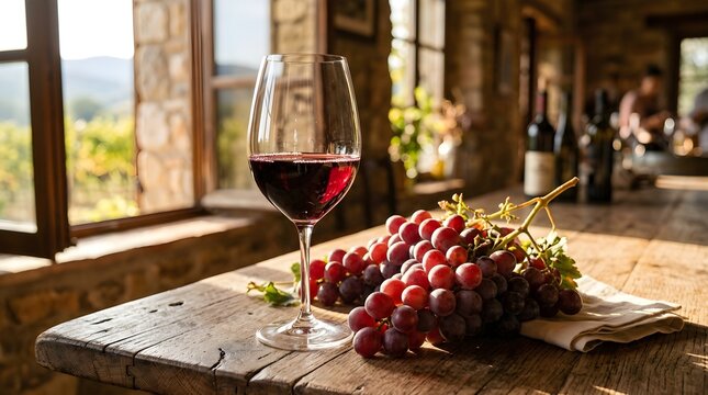 Glass of Red Wine with Grapes and Vineyard View