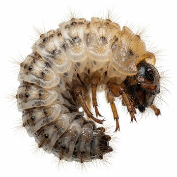 Macro shot of May beetle larva isolated on white background. White grub insect with hairy body, brown head crawls. Cockchafer larvae maggot looks like worm. Pest destroys garden roots, agricultural