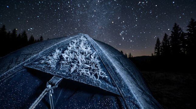 Frost Patterns on Tent Under Starry Night Sky