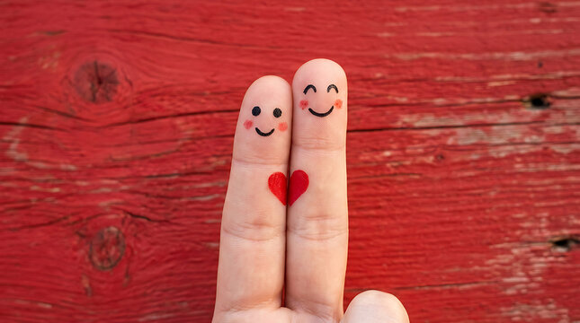 Two finger puppets with a red heart on a wooden background