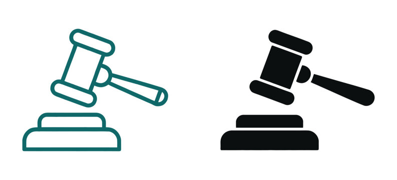 Gavel set icons, law justice judge hammer symbols, courtroom authority, legal decisions, tribunal proceedings, auction concepts