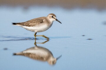 Fototapeta premium Red-necked stint bird walks on wet sand shore. Small shorebird reflects in calm blue water. Wild avian animal foraging near ocean coast during breeding season. Natural wildlife photography shows