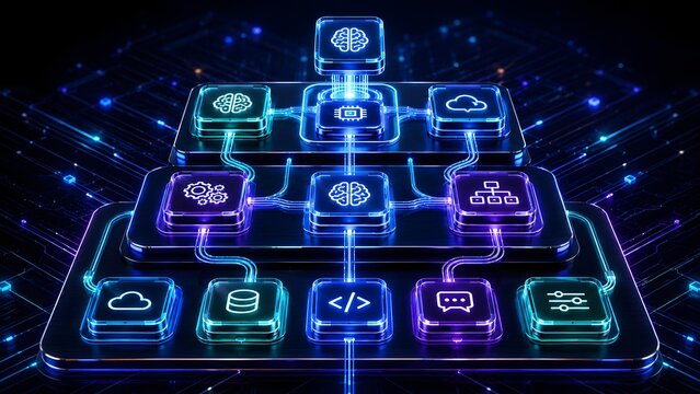 Interconnected digital system architecture featuring AI, cloud computing, and data processing modules with neon glow