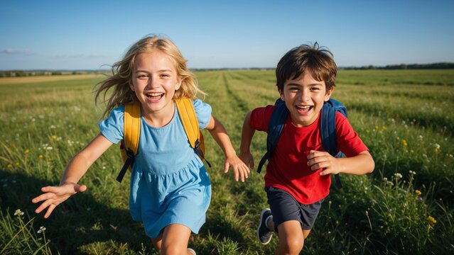 Felicidad en la infancia, ni&ntilde;os felices corriendo y divirti&eacute;ndose en la naturaleza bajo el sol.