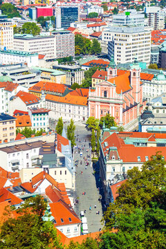 Aerial view of Franciscan Church of the Annunciation on Tromostovje in Ljubljana, Slovenia 
