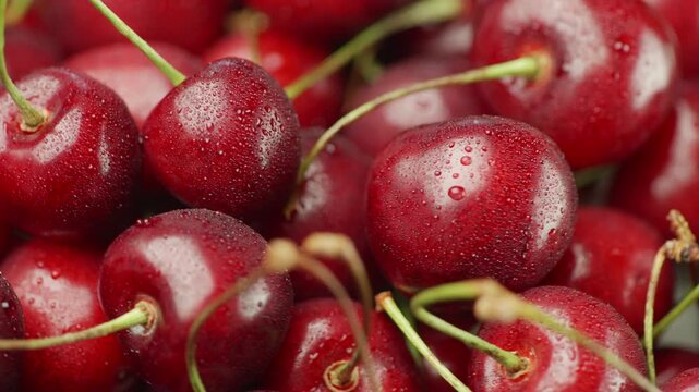 Close up of fresh ripe red cherries with water drops slowly rotating in gentle motion.