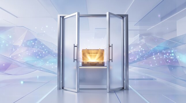 Treasure Chest of Innovation: An open, modern vault reveals a glowing treasure chest symbolizing discovery and groundbreaking ideas, set against a backdrop of futuristic, abstract geometric patterns.