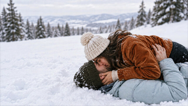 Romantic young couple lying down and kissing in the snow during winter mountain getaway