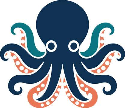 Stylized cartoon octopus with eight swirling tentacles and large white eyes depicted in a flat design graphic isolated on a transparent background
