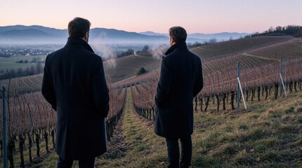Obraz premium Two men in dark winter coats stand on hillside looking at dormant vineyard rows. Cold morning mist covers valley between hills. Solitary figures observe rural landscape during early March at dawn.