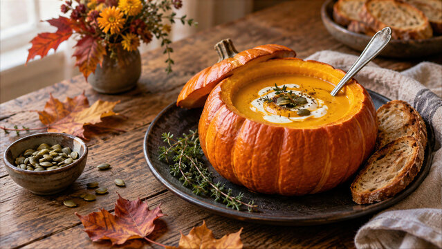 Creamy Roasted Pumpkin Soup Served in a Hollowed Pumpkin with Cream - Pumpkin Seeds - Fresh Thyme - and Bread on a Rustic Wooden Table