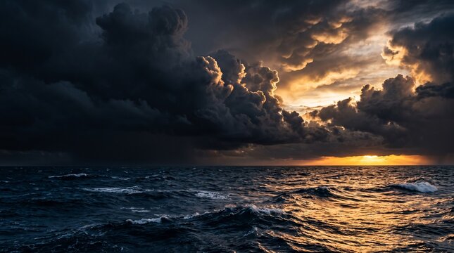 Dramatic storm clouds looming over a dark choppy ocean with golden sunset light breaking through the horizon