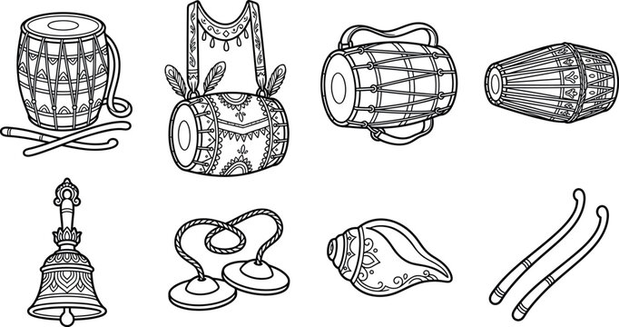 Set of traditional Indian musical instruments including dholak, tabla, dhol, bell, cymbals, and conch shell in a detailed black and white line art style for cultural festivals and religious ceremonies