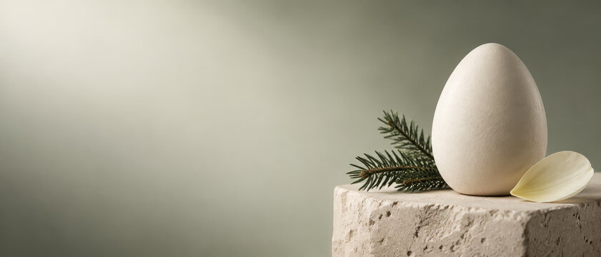 Minimal ceramic egg product, botanical branch, beige pedestal, soft light create calm spring still life with gentle elegance