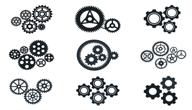 Gear mechanism and cogwheel vector set featuring industrial machine parts mechanical engineering systems and technical clockwork silhouettes