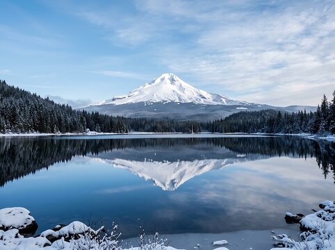 Snow covered mountain reflected in calm winter lake scenery