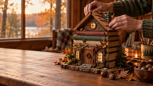 Hands assembling cozy miniature book house diorama on wooden table by autumn window with glowing warm lights