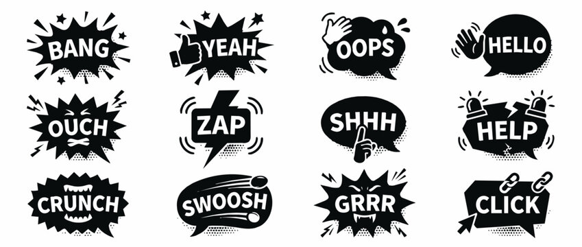 Black and white speech bubble sound effect icons set.