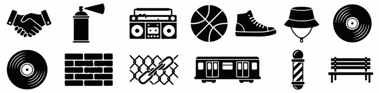 Vinyl records and hip hop culture icons flat design illustration.