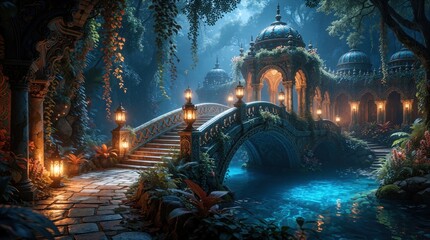Obraz premium Mystical stone bridge crosses calm blue river in enchanted forest. Ornate architecture with glowing lamps surrounds tranquil waterway. Magical night scenery with rich foliage, fantasy dreamscape,