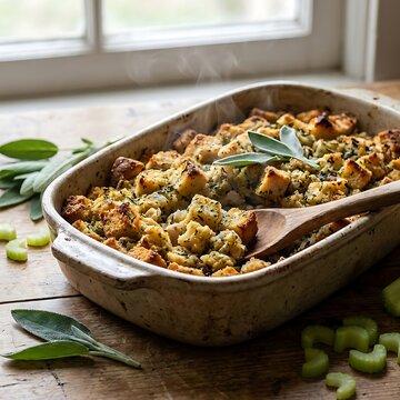 Freshly baked herb stuffing in a rustic ceramic dish