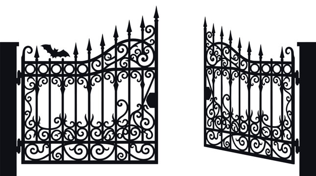 Scary wrought iron cemetery gates featuring sharp spikes and a flying bat silhouette shape