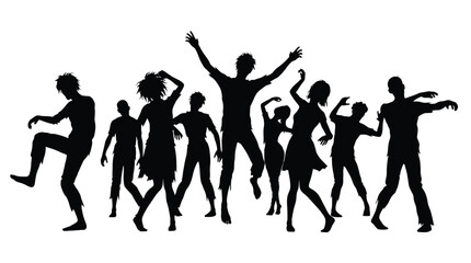Fototapeta premium Group of spooky dancing zombies in dark black silhouettes standing against a white background