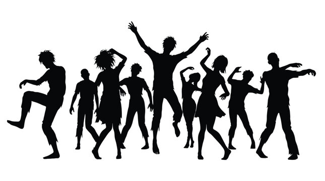 Group of spooky dancing zombies in dark black silhouettes standing against a white background