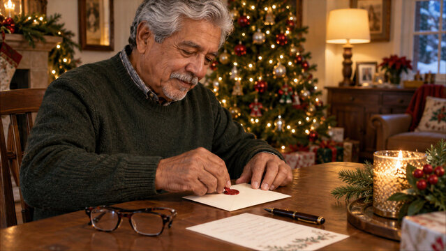 Senior man sealing Christmas greeting card envelope with red wax stamp at wooden table near illuminated tree at home