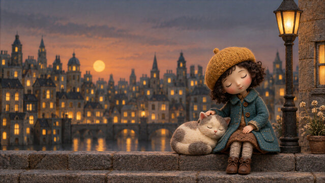 Cute little girl sitting with sleeping cat on stone ledge at sunset - cozy European old town cityscape background - storybook felt puppet style 3D illustration