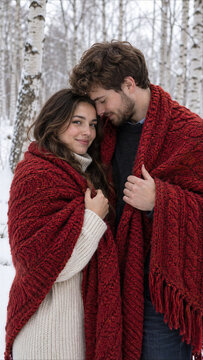 Young romantic couple wrapped together in warm red knitted blanket standing in snowy birch forest in winter