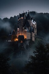 Obraz premium Old medieval castle stands on high rocky hill surrounded by dark foggy forest. Warm lights shine from windows at twilight. Mysterious stone fortress towers over misty woods in moody night atmosphere.