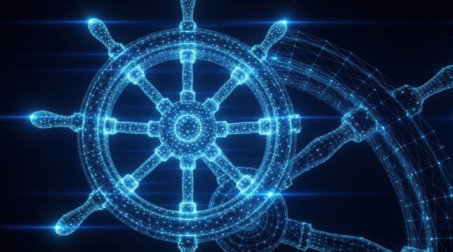 Blue digital ship wheel with glowing lights shows futuristic navigation concept. Abstract wireframe helm represents maritime technology, cyber leadership, strategic control. Network connection design