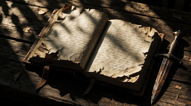 Old open journal with worn parchment pages lies on rustic wooden table near antique dagger. Tattered leather book shows mysterious text in moody shadows. Ancient relic with rusted blade tells secret