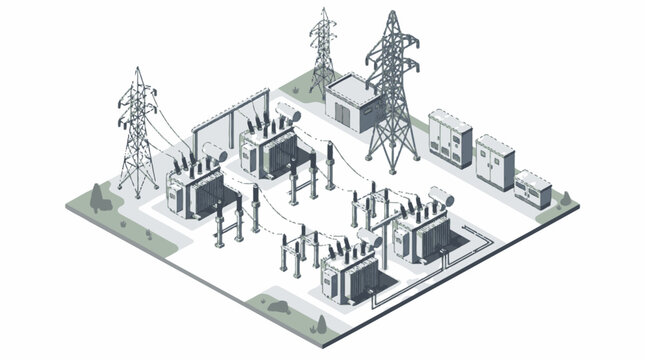 Industrial Isometric of Power Substation with Transformers Switchgear Electrical Towers and Control Buildings