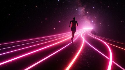Fototapeta premium Male athlete runs on glowing neon track towards bright light. Person sprints through dark space with stars, milky way. Concept of speed, progress, future success in digital world. Runner pursues goal
