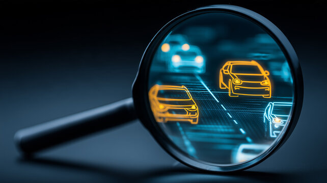 Magnifying glass examining digital cars on a road represents connected vehicles and autonomous mobility technology.
