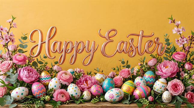 Happy easter greeting card with colorful decorated eggs and beautiful pink flowers on gold background