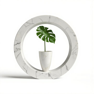 Hollow marble ring. A lone green monstera leaf (Monstera deliciosa) stands vertically, framed within a large, hollow ring carved from